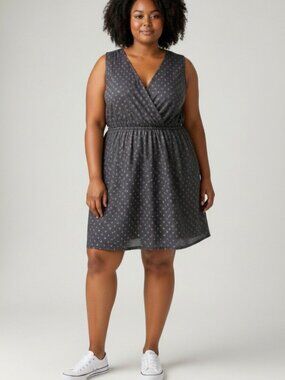 Lane Bryant Surplice Front Dress Plus 3X Black Gold Dots Sleeveless Lined Party